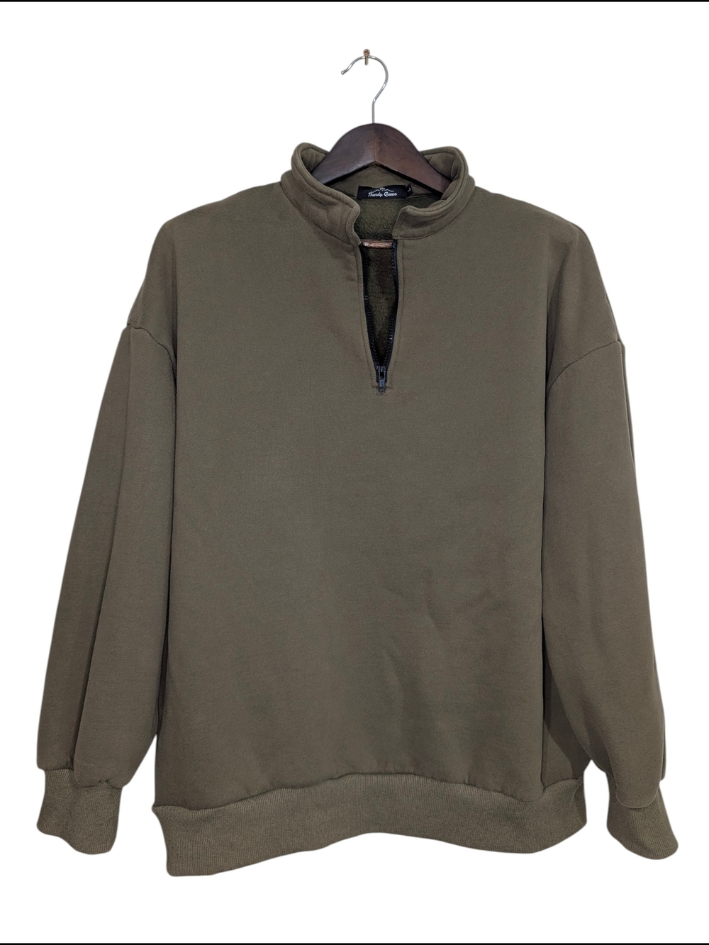 Trendy Queen Olive Green Quarter-Zip Sweatshirt Women's LG Drop Shoulder Relaxed
